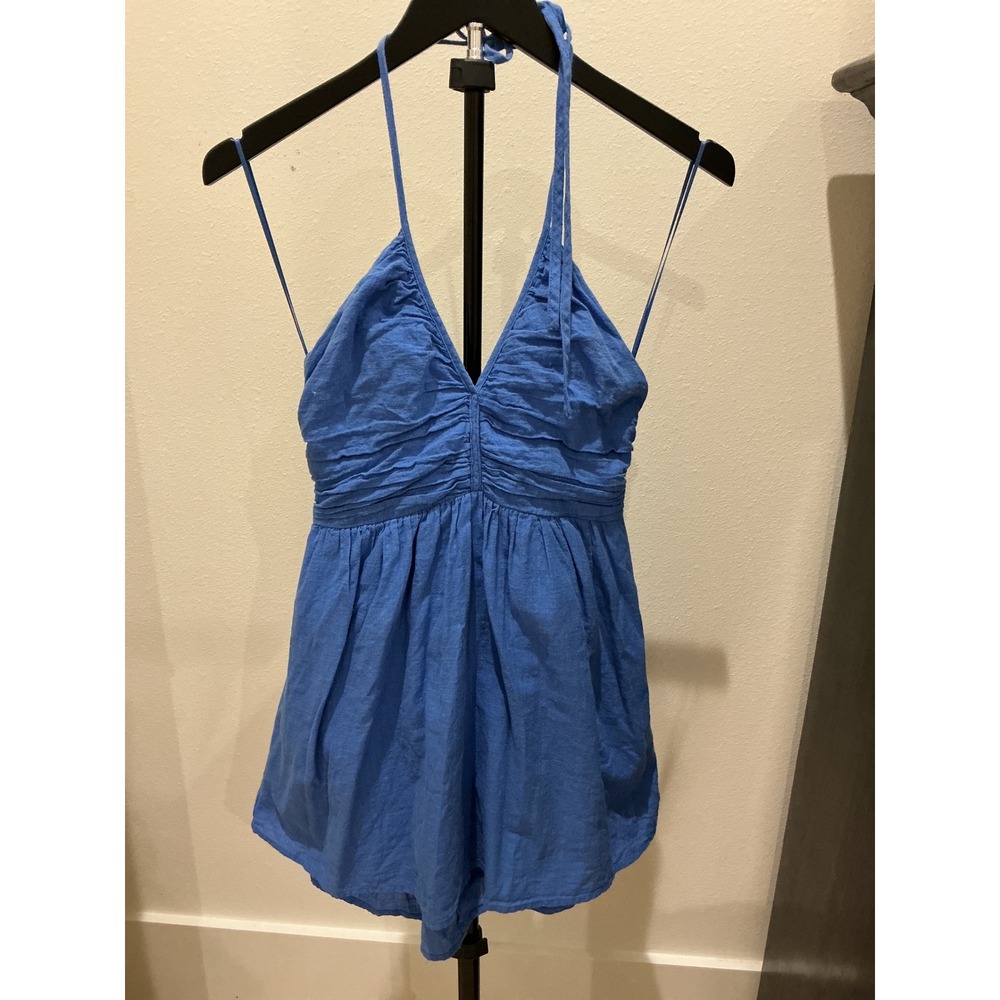 Day + Moon Blue Halter Dress Smocked Back Cotton Size S A1516
